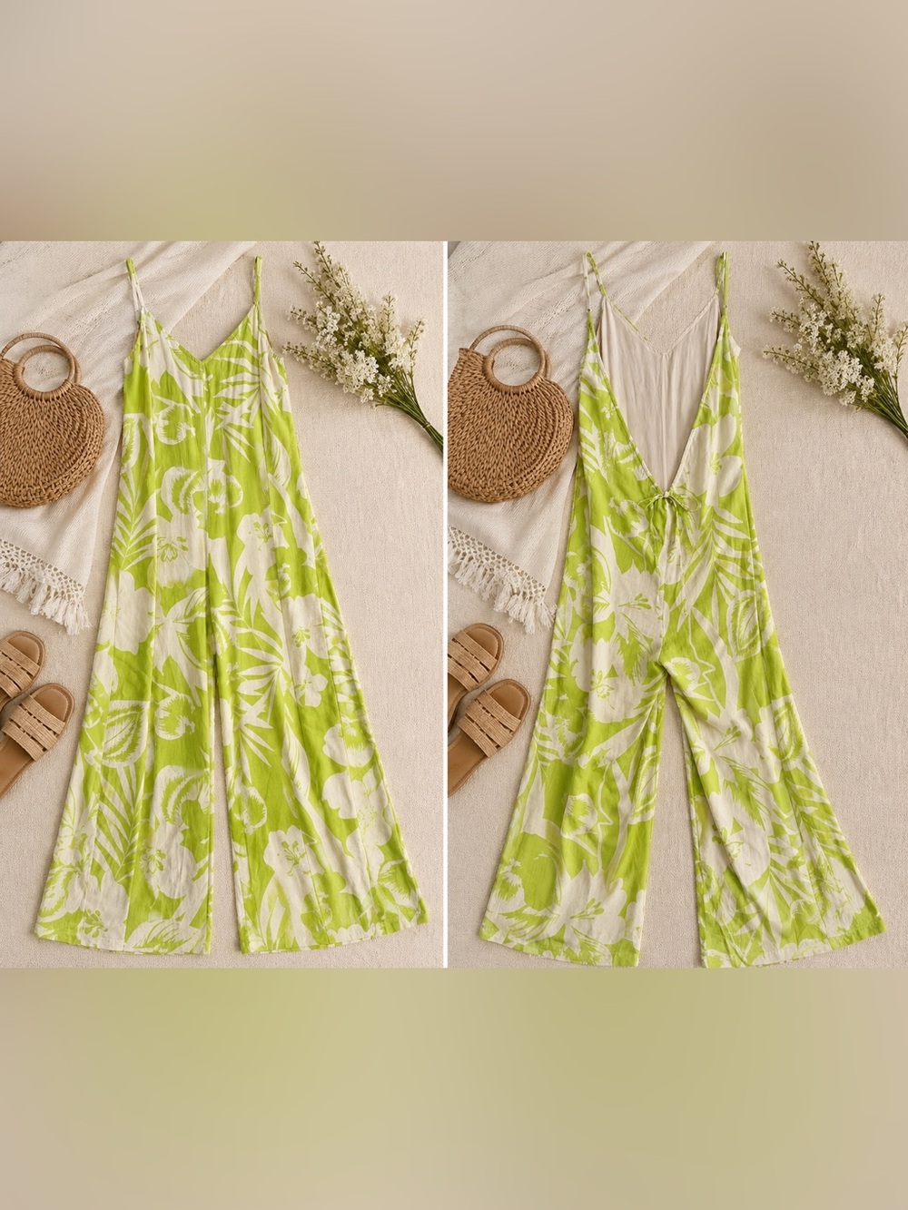 VICI Lime Green Tropical Floral Wide Leg Jumpsuit Size Small NWT